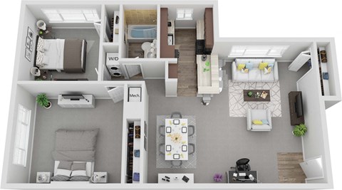 Floor plan for 2 beds, 1 bath, 980 sqft